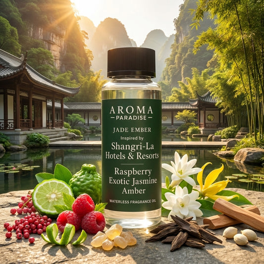 Aroma Paradise Jade Ember waterless fragrance oil in an immersive Shangri-La Hotels & Resorts inspired destination setting