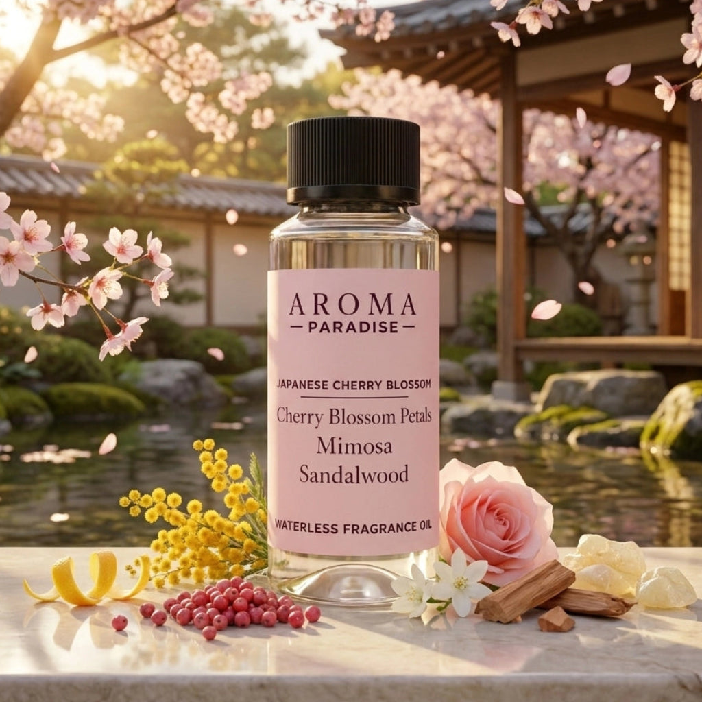 Aroma Paradise Japanese Cherry Blossom waterless fragrance oil in an immersive cherry blossom garden setting