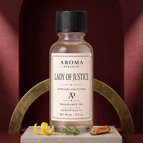 Lady Of Justice spiritual fragrance oil in an editorial scent setting - Aroma Paradise
