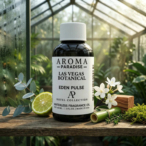 Las Vegas Botanical Gardens Eden Pulse fragrance oil bottle in greenhouse with lime and jasmine - Aroma Paradise