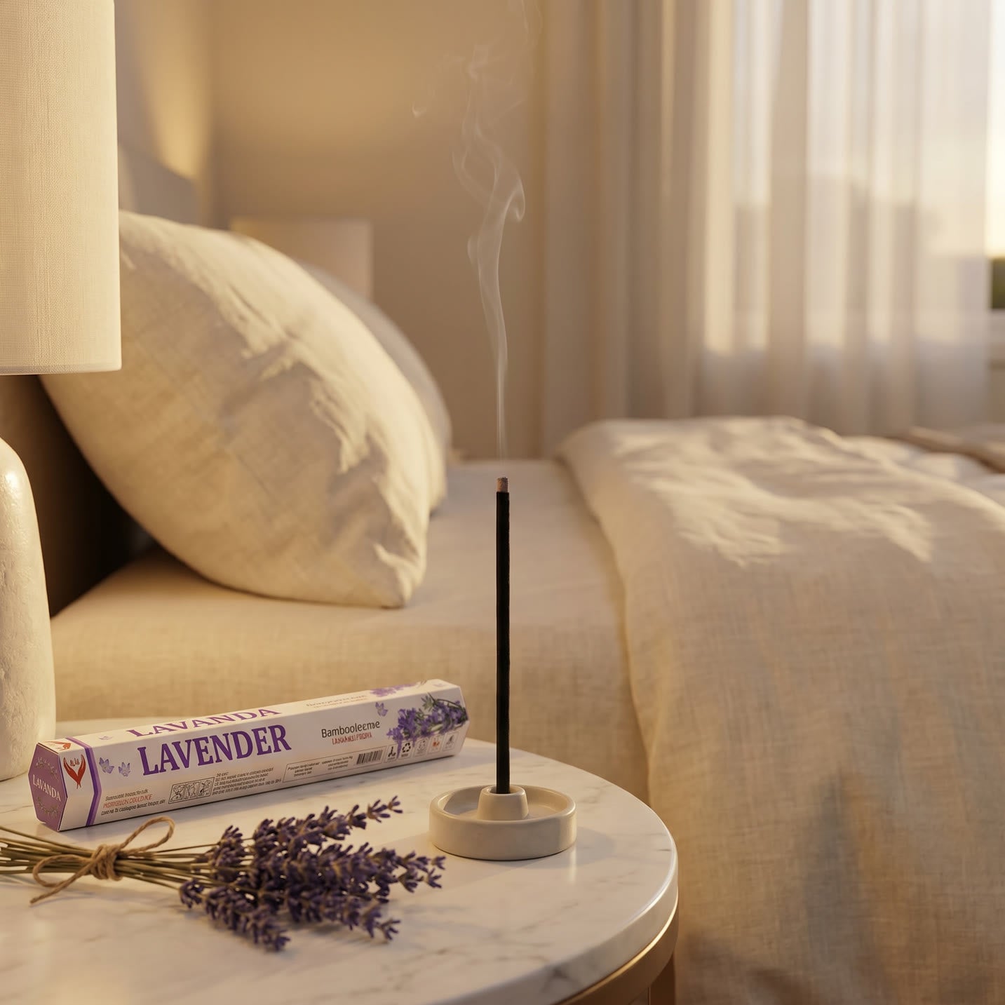Aum Lavender bambooless incense stick burning in serene bedroom with dried lavender sprigs