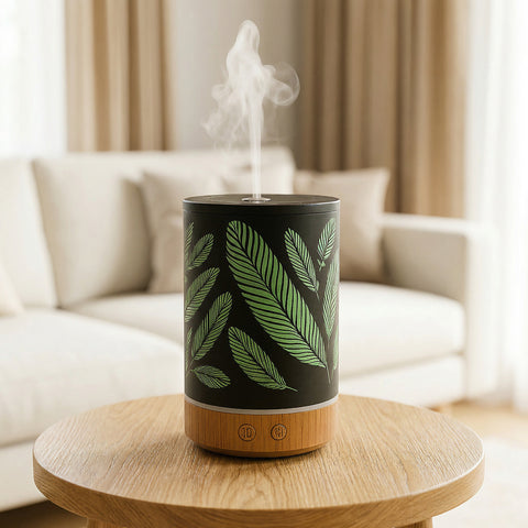Leaf Metal Diffuser with green LED botanical leaf pattern on black body with bamboo base misting - Aroma Paradise