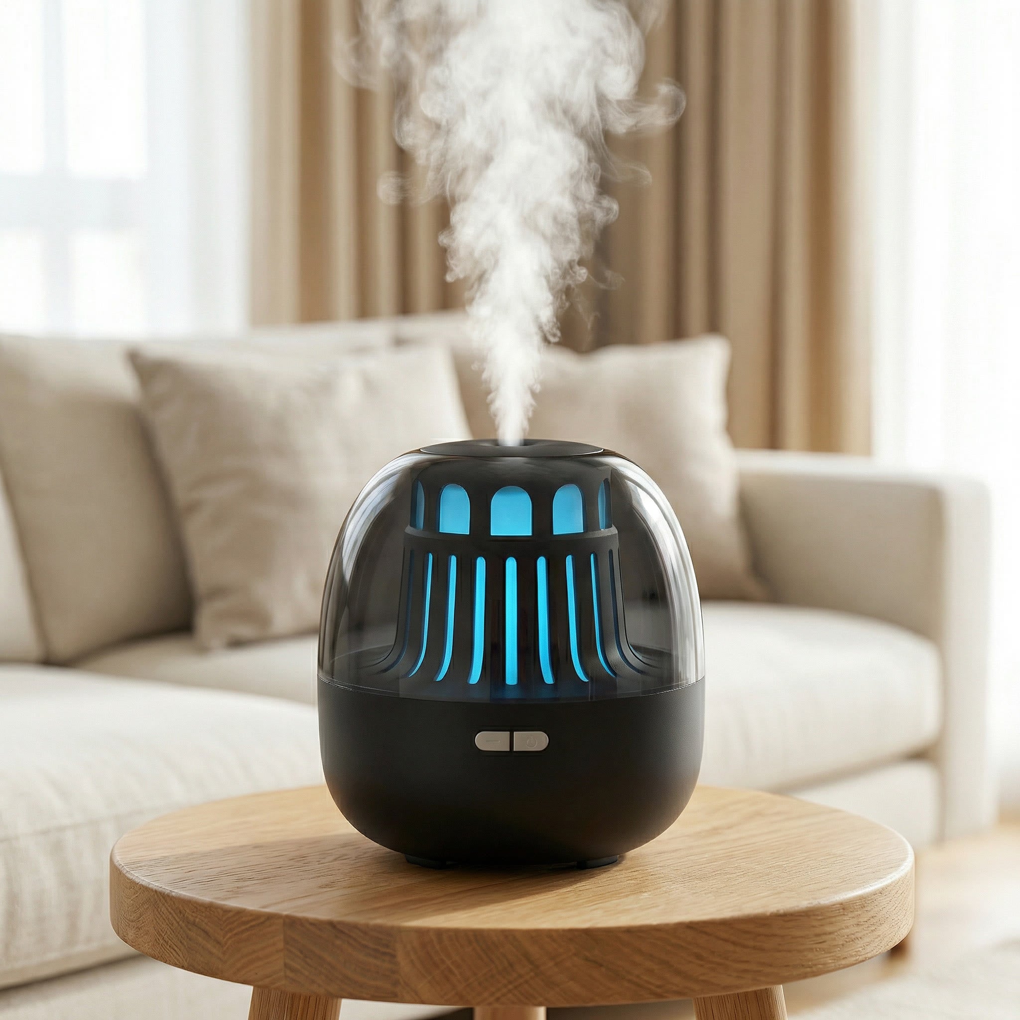Black mini LED diffuser with blue glow through transparent body misting in living room - Aroma Paradise