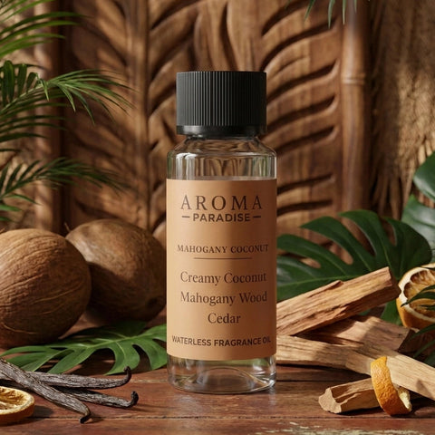 Aroma Paradise Mahogany Coconut waterless fragrance oil in an immersive tropical wood cabana setting