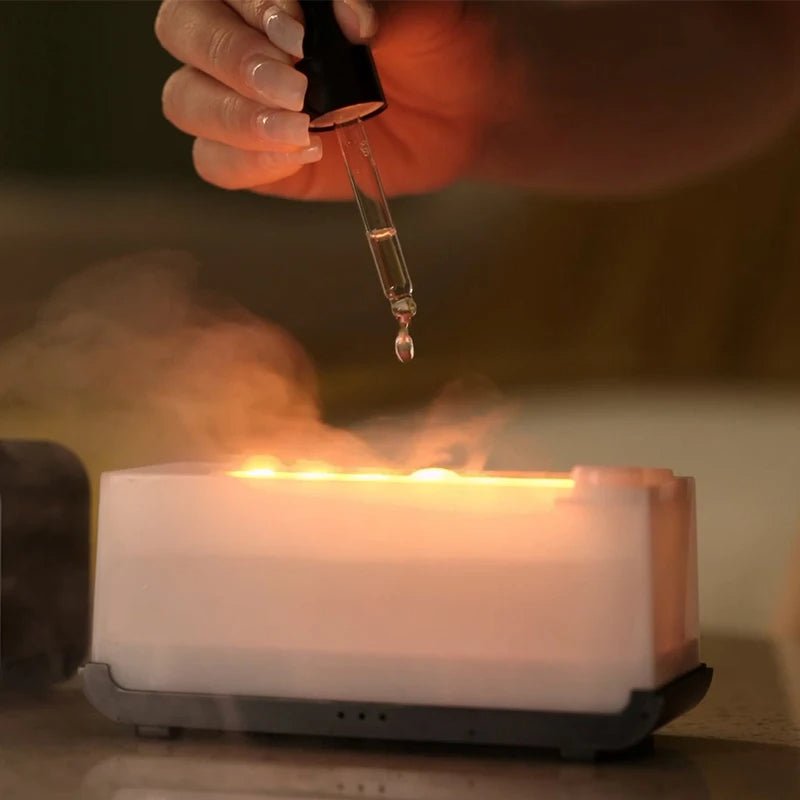 Mini Warm Flame Ultrasonic Essential Oil Diffuser & Cool Mist Humidifier – LED Night Light, Auto Shut-Off & Whisper Quiet for Home & Office ultrasonic essential oil diffuser and humidifier - lifestyle shot - Aroma Paradise