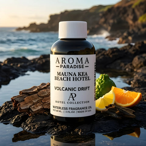 Mauna Kea Beach Hotel Volcanic Drift fragrance oil bottle on volcanic rocks by Hawaii coast - Aroma Paradise