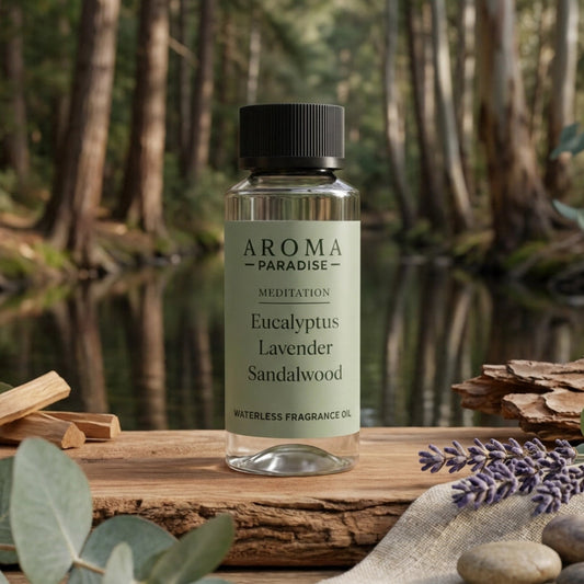 Aroma Paradise Meditation waterless fragrance oil in an immersive forest meditation deck setting