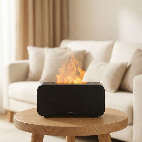 Black rectangular Mini Flame Diffuser with realistic orange flame effect and timer buttons on wood table - Aroma Paradise