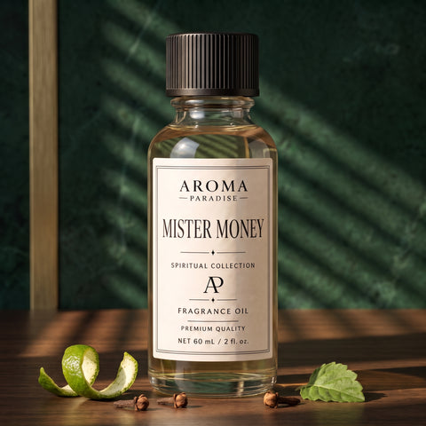 Mister Money spiritual fragrance oil in an editorial scent setting - Aroma Paradise