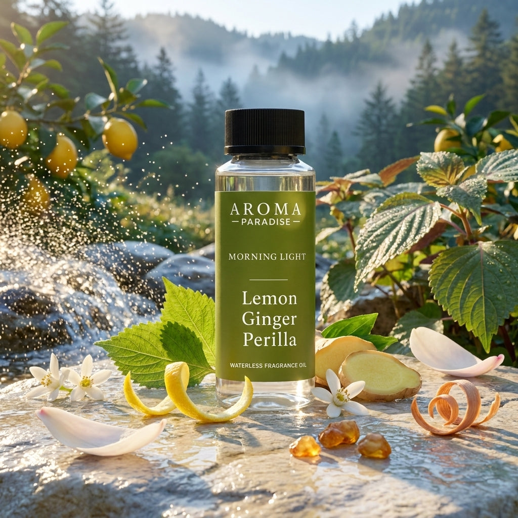 Aroma Paradise Morning Light waterless fragrance oil in an immersive nature scent setting