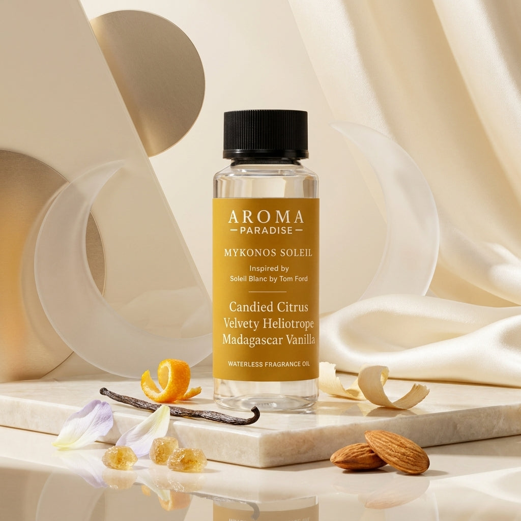 Aroma Paradise Mykonos Soleil waterless fragrance oil bottle and scent-inspired PDP scene