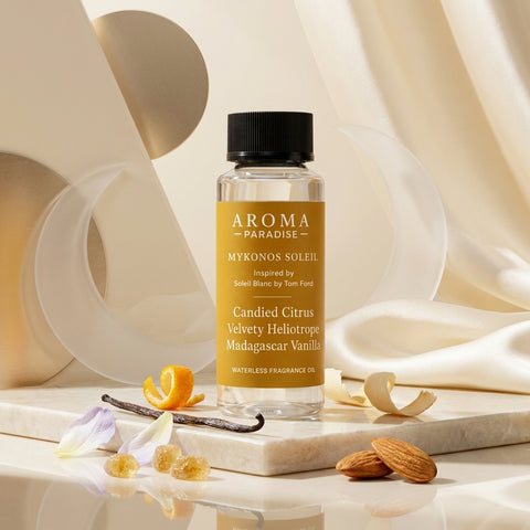 Aroma Paradise Mykonos Soleil waterless fragrance oil bottle and scent-inspired PDP scene