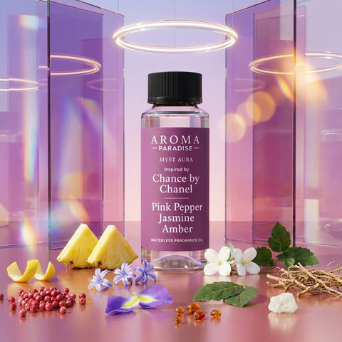 Aroma Paradise Myst Aura perfume-inspired waterless fragrance oil in a luxury perfume editorial set