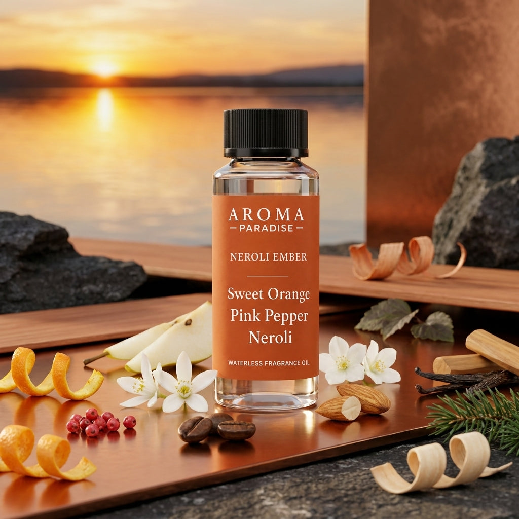 Aroma Paradise Neroli Ember waterless fragrance oil in an immersive nature scent setting