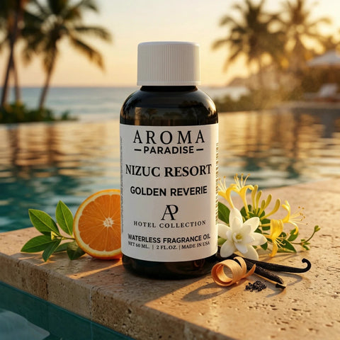 NIZUC Resort Golden Reverie fragrance oil bottle poolside at sunset with oranges and jasmine - Aroma Paradise
