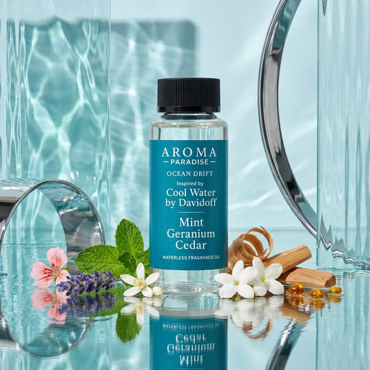 Aroma Paradise Ocean Drift perfume-inspired waterless fragrance oil in a luxury perfume editorial set