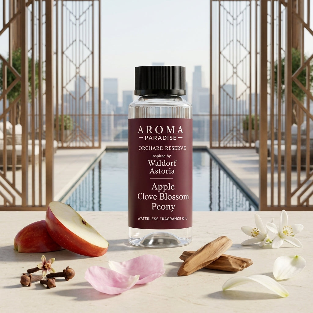 Aroma Paradise Orchard Reserve waterless fragrance oil inspired by Waldorf Astoria in an immersive destination scent setting