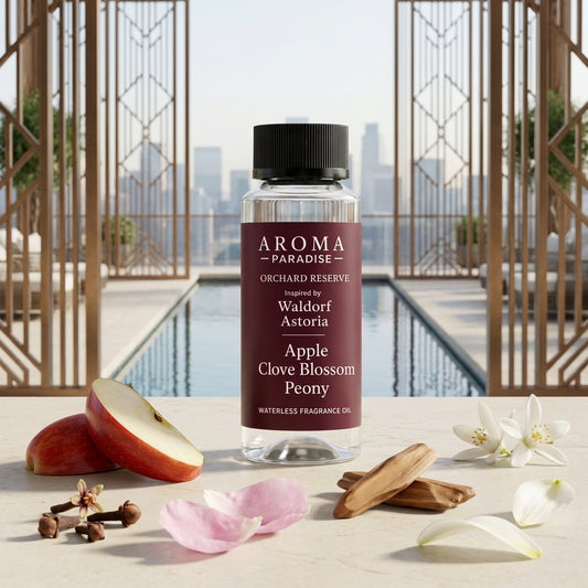 Aroma Paradise Orchard Reserve waterless fragrance oil inspired by Waldorf Astoria in an immersive destination scent setting