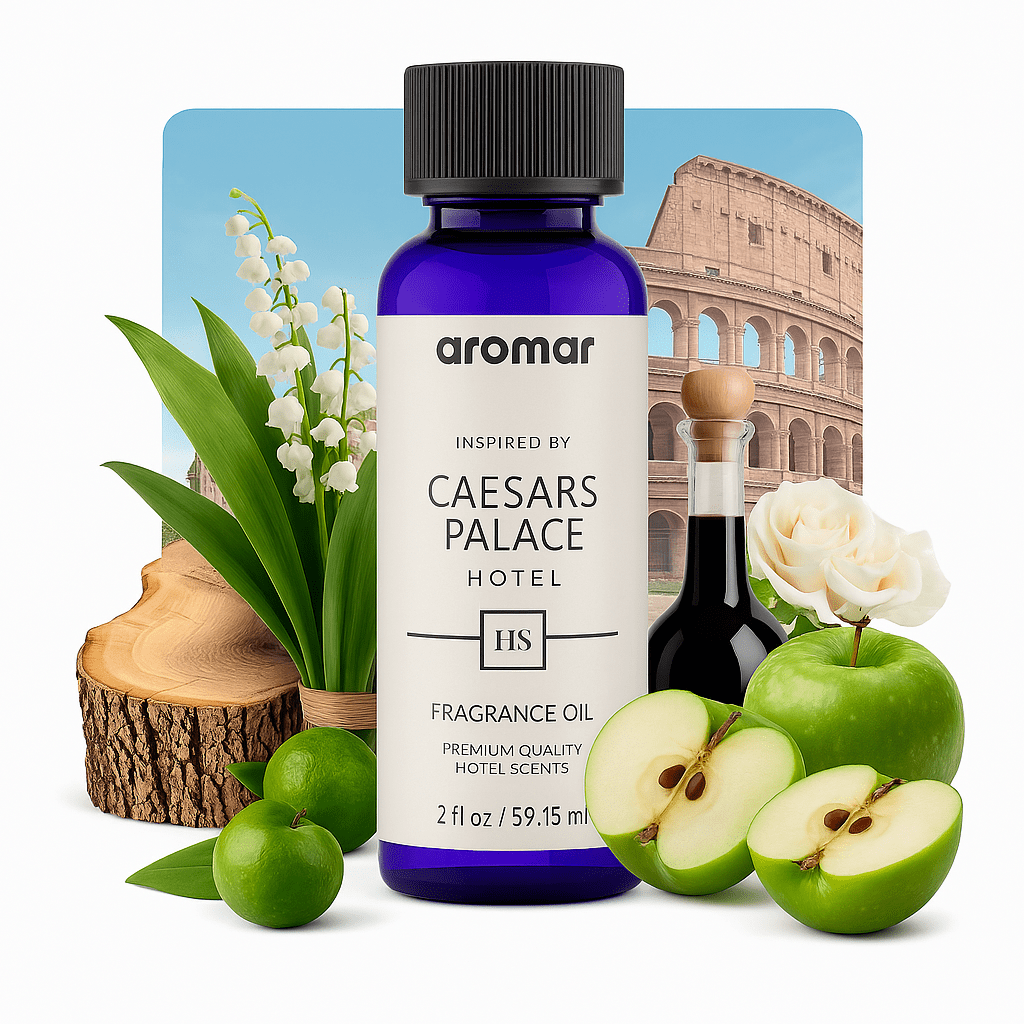 A bottle of 'Caesars Palace Hotel inspired Fragrance Oil' by Aroma Paradise, surrounded by green apples, a slice of lemon, a rose, and a log, with the Colosseum of Rome in the background.