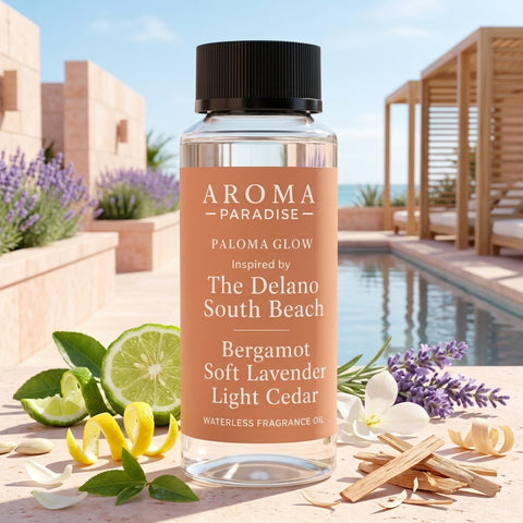 Aroma Paradise Paloma Glow waterless fragrance oil in an immersive The Delano South Beach inspired destination setting