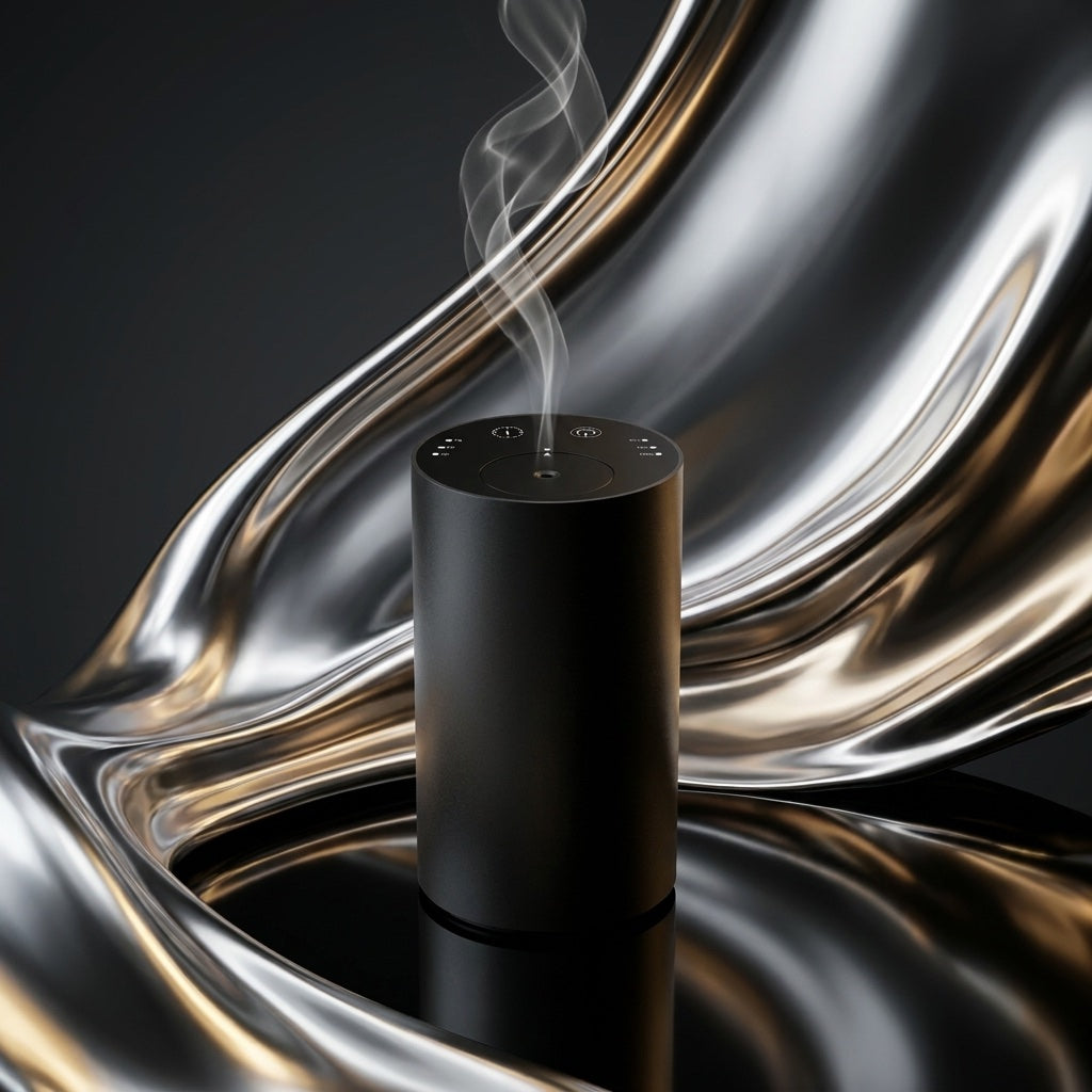 Portable waterless cold air scent diffuser with white mist and liquid metal abstract lighting