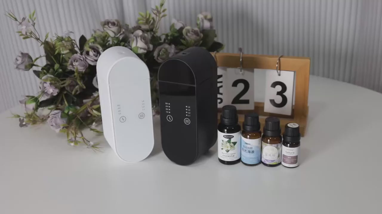 Arc Touch black and white plug-in waterless scent diffusers with bottle loading, wall installation and touch-control demonstration