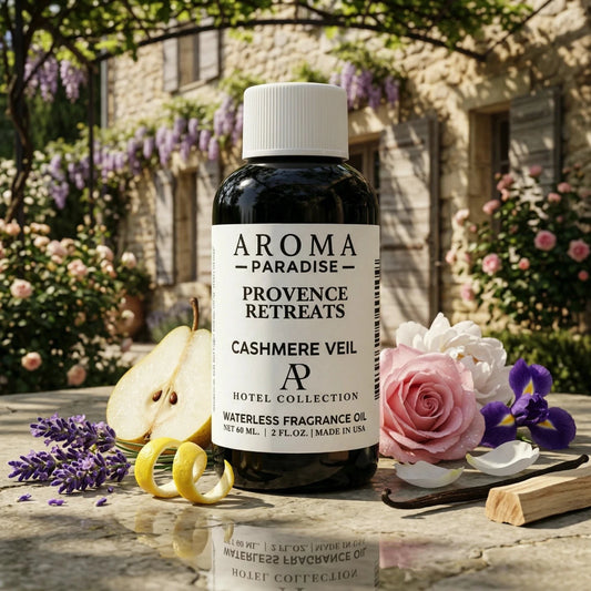 Provence Retreats Cashmere Veil fragrance oil bottle in French courtyard with lavender and roses - Aroma Paradise