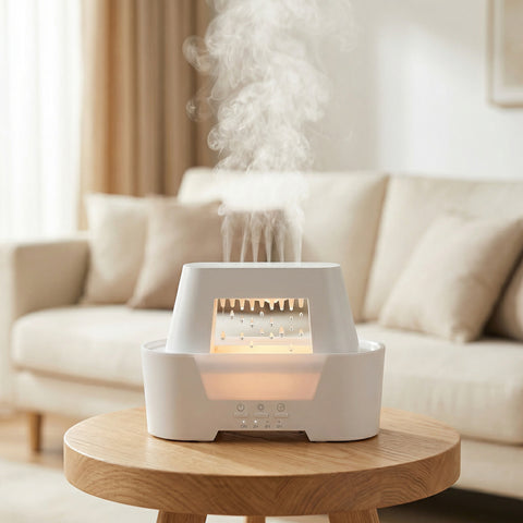 White rain cloud diffuser with rainfall mist drops and warm LED light on side table - Aroma Paradise