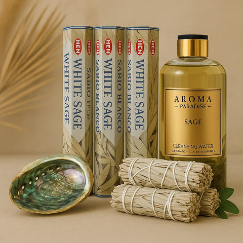Aroma Paradise White Sage cleansing water bottle with packaging and smudge sticks on a beige background