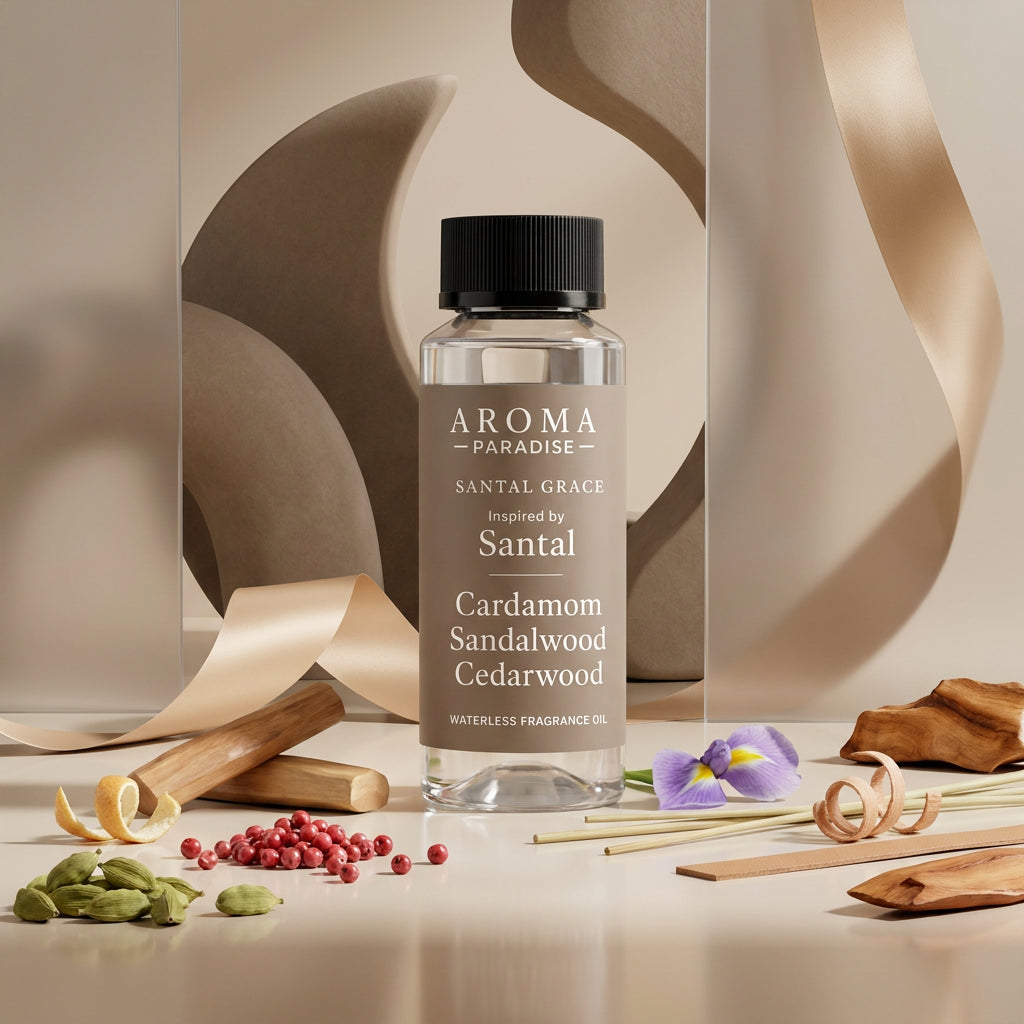 Aroma Paradise Santal Grace perfume-inspired waterless fragrance oil in a luxury perfume editorial set