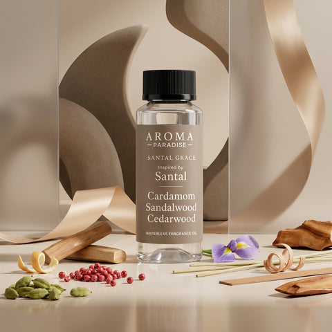 Aroma Paradise Santal Grace perfume-inspired waterless fragrance oil in a luxury perfume editorial set
