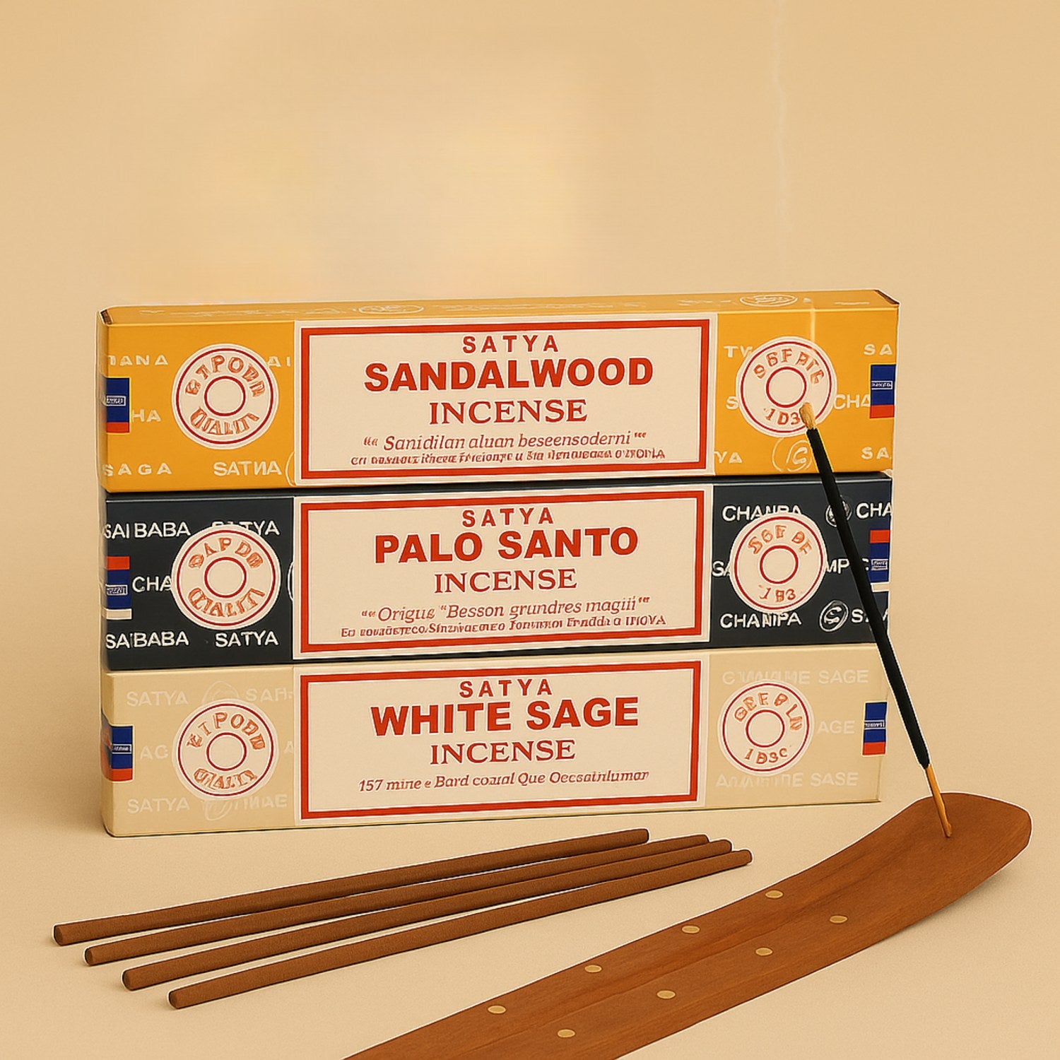 Satya sandalwood, palo santo, and white sage incense packaging with incense sticks and a wooden incense holder on a beige background.