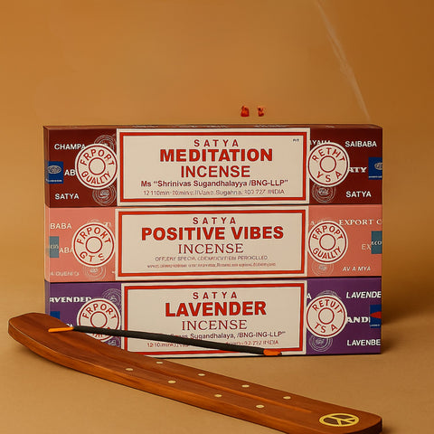 Satya Incense Gift Pack #3- 135 Pc  – Positive Vibes, Meditation & Lavender with Holders - Aroma Paradise