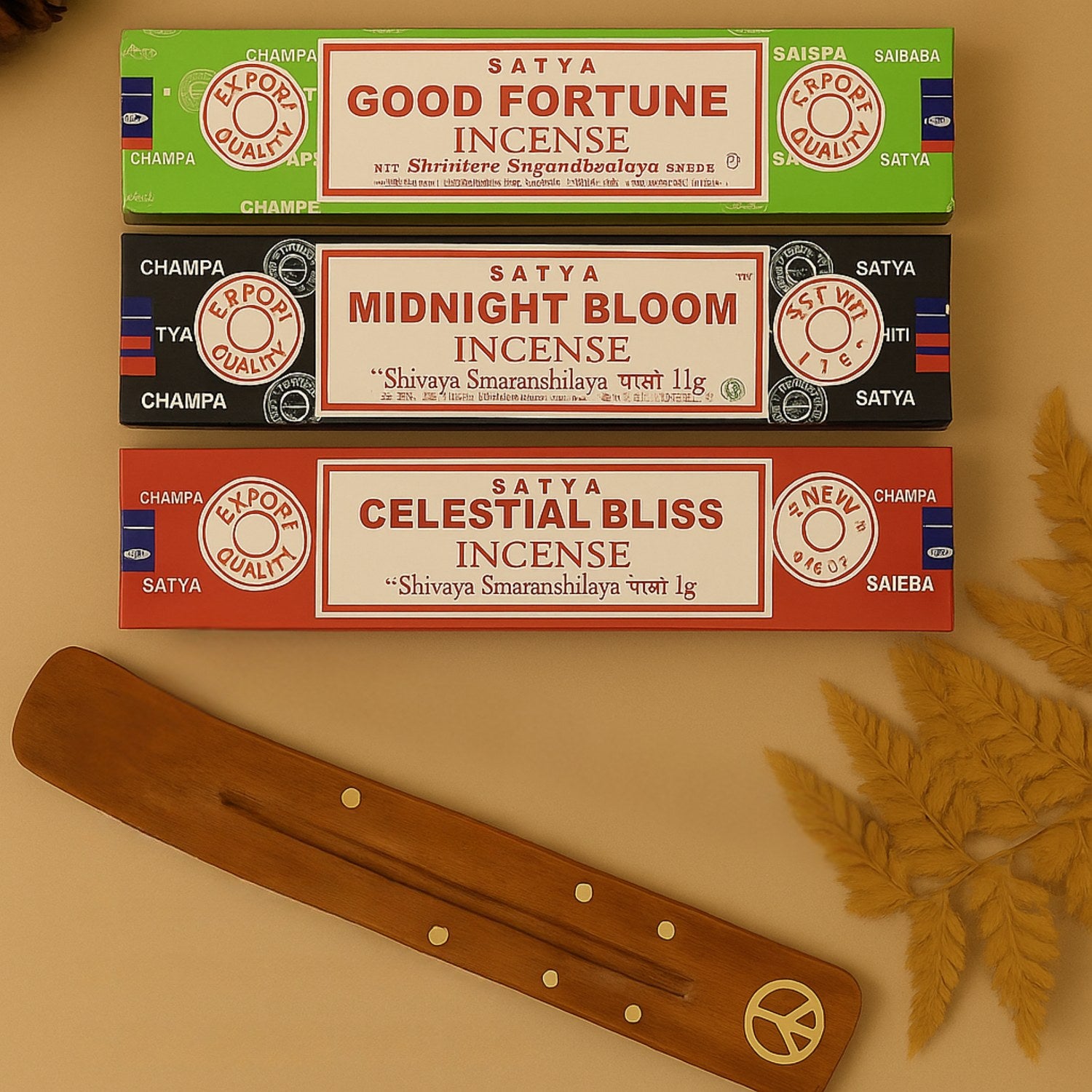 Satya Incense Gift Pack #4- 135 Pc  – Celestial Bliss, Midnight Bloom & Good Fortune with Holders - Aroma Paradise