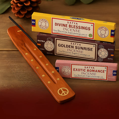 Satya Incense Gift Pack #5 - 135 Pc – Divine Blessings, Exotic Romance & Golden Sunrise with Holders - Aroma Paradise