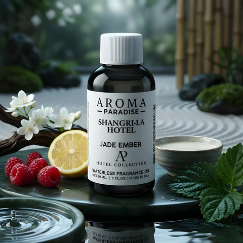 Shangri-La Hotel Jade Ember fragrance oil bottle in zen garden with jasmine, raspberries and tea - Aroma Paradise