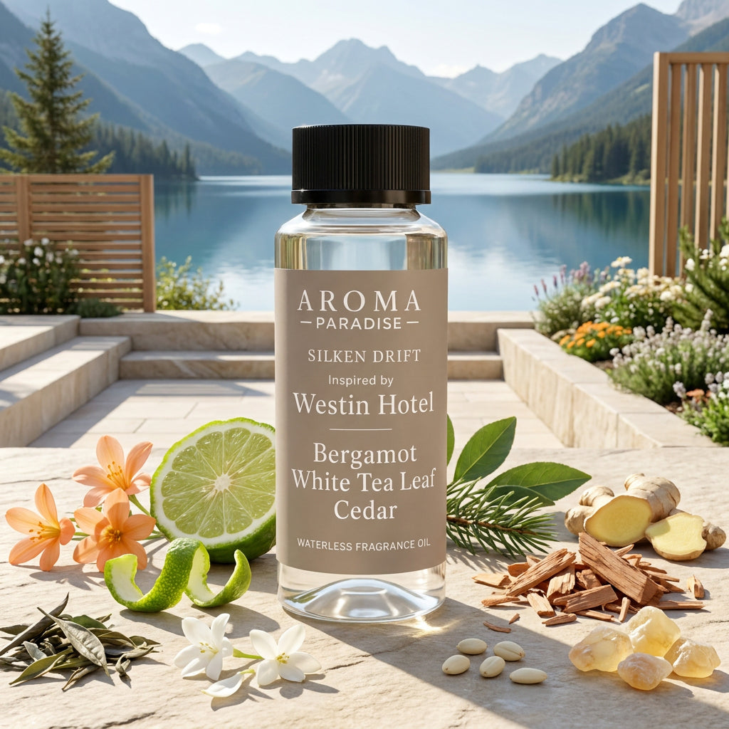 Aroma Paradise Silken Drift waterless fragrance oil in an immersive Westin Hotel inspired destination setting