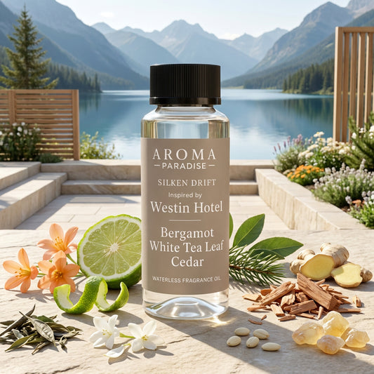 Aroma Paradise Silken Drift waterless fragrance oil in an immersive Westin Hotel inspired destination setting