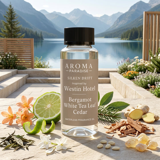 Aroma Paradise Silken Drift waterless fragrance oil in an immersive Westin Hotel inspired destination setting