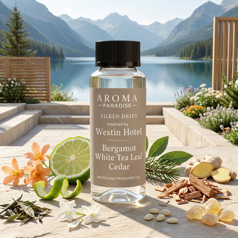 Aceite aromático sin agua Westin Hotel Inspired - Bergamota, Hoja de Té Blanco y Cedro - Para difusores de aire frío - Silken Drift