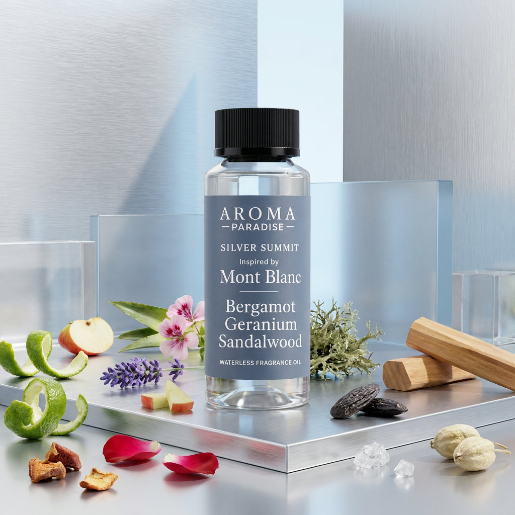 Aroma Paradise Silver Summit perfume-inspired waterless fragrance oil in a luxury perfume editorial set