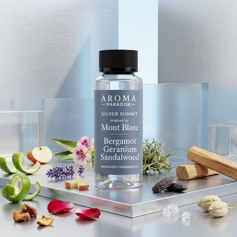 Aroma Paradise Silver Summit perfume-inspired waterless fragrance oil in a luxury perfume editorial set