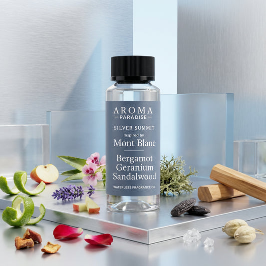 Aroma Paradise Silver Summit perfume-inspired waterless fragrance oil in a luxury perfume editorial set