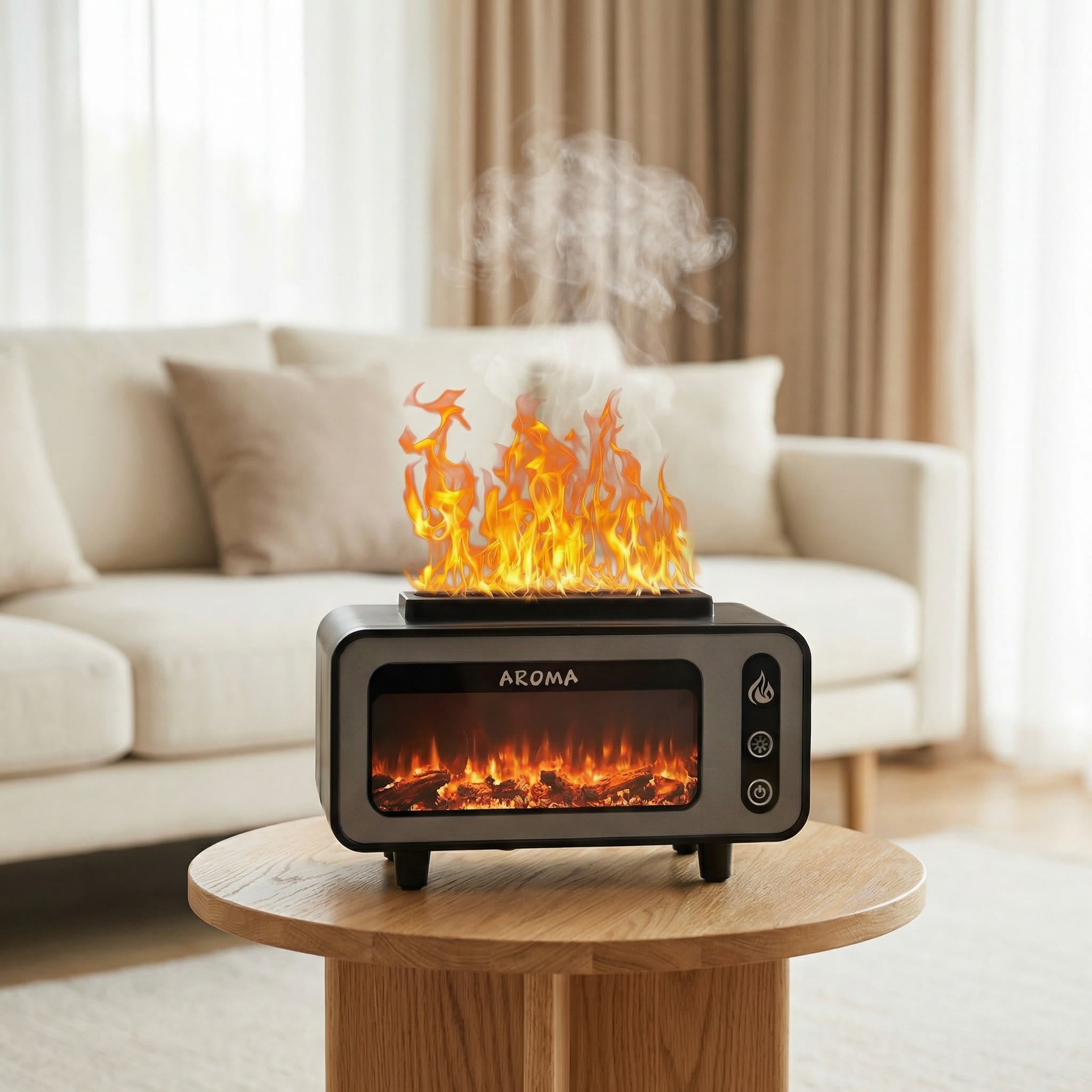 Dark retro fireplace diffuser with flame effect and glowing log display on side table - Aroma Paradise