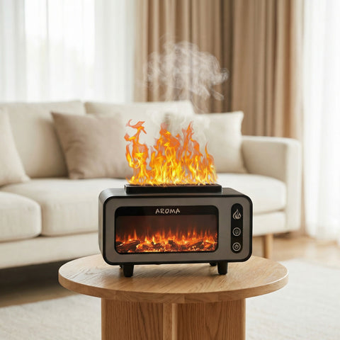 Dark retro fireplace diffuser with flame effect and glowing log display on side table - Aroma Paradise