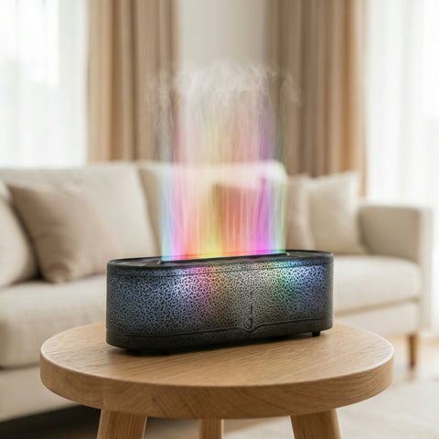 Dark textured Crackle Flame Diffuser with rainbow multicolor flame effect on wood table in living room - Aroma Paradise
