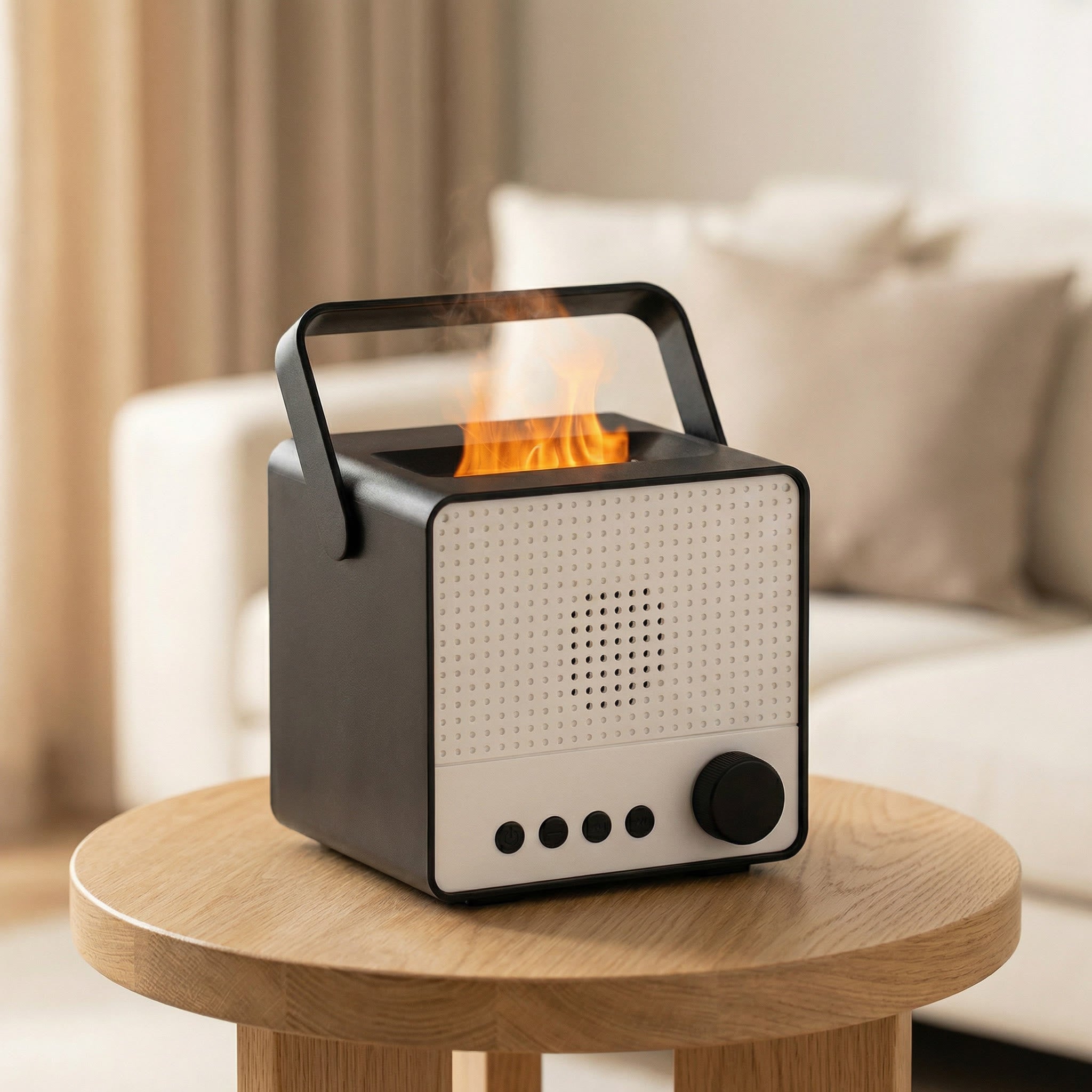 Black and white square Bluetooth speaker flame diffuser with handle and fire effect - Aroma Paradise