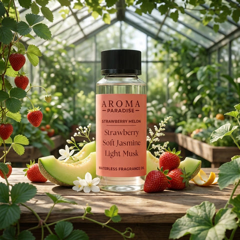 Aroma Paradise Strawberry Melon waterless fragrance oil in an immersive greenhouse fruit garden setting