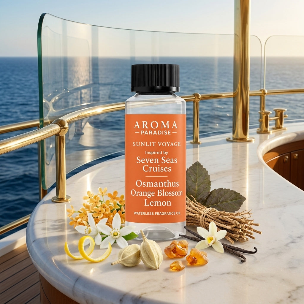 Aroma Paradise Sunlit Voyage waterless fragrance oil inspired by Seven Seas Cruises in an immersive destination scent setting