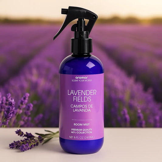 Room mist bottle labeled 'Lavender Fields' with a lavender field in the background
